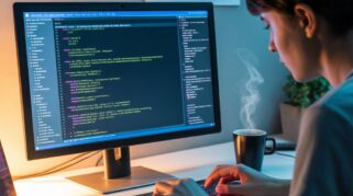 Seorang programmer muda fokus menulis kode dengan bahasa pemrograman Rust di depan layar komputer.