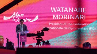 Presiden Federasi Gimnastik Dunia (FIG), Morinari Watanabe, menyebut penyelenggaraan di Jakarta sebagai momentum bersejarah. (Foto Humas Kemenpora)