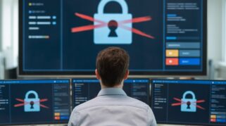 Seorang pengembang perangkat lunak yang menghadapi beberapa layar yang menampilkan notifikasi pelanggaran keamanan mencolok sedang bersiap menerapkan strategi DevSecOps yang penting untuk membangun aplikasi anti-bocor di era 2025 (AI)