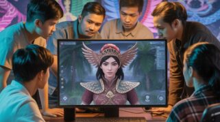 Tentu, ini satu kalimat yang menggambarkan gambar tersebut: Sekelompok talenta kreatif muda Indonesia berkolaborasi dengan penuh semangat untuk mengangkat kekayaan budaya dan mitologi Nusantara ke dalam sebuah karakter game digital yang modern dan memukau. (AI)