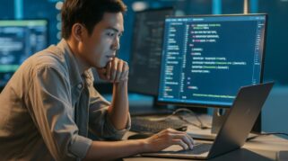 Seorang developer Indonesia terlihat fokus menatap layar laptopnya yang menampilkan Backend. (AI)