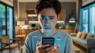 Seorang anak muda Indonesia terlihat khawatir sambil memegang smartphone yang diretas atau mencurigakan (AI)