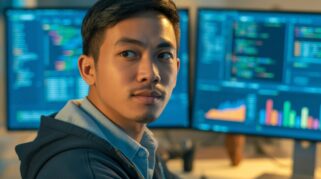 Seorang pemuda dengan dua layar komputer penuh kode dan data di belakangnya, menunjukkan dia sedang menguasai Python yang wajib dikuasai anak SI di 2025. (AI)