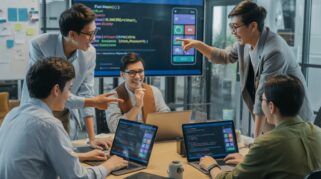 Sekelompok developer muda Indonesia yang beragam tampak sedang berkolaborasi aktif membuat aplikasi mobile di laptop dan tablet(AI)