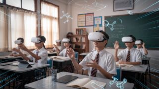 kelas modern di Indonesia, di mana siswa dan guru memakai headset VR dan berinteraksi dengan lingkungan metaverse yang imersif untuk belajar dan berkolaborasi. (AI)