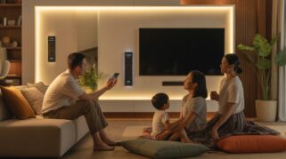Sebuah keluarga terlihat menikmati kemudahan yang ditawarkan oleh rumah pintar (smart home) saat sang ayah mengendalikan perangkat melalui smartphone. (AI)