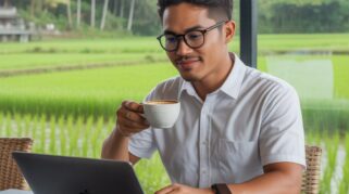 Fleksibilitas untuk dapat bekerja dari lokasi mana pun, termasuk kafe dengan pemandangan alam seperti ini, menjadi daya tarik utama yang membuat sistem kerja remote semakin menjadi pilihan favorit para profesional muda di Indonesia.(ai)