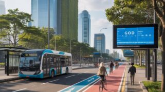 merepresentasikan visi kota masa depan yang berkelanjutan, di mana integrasi bus listrik, jalur sepeda, dan arsitektur hijau berhasil menciptakan lingkungan perkotaan yang sehat dan nyaman bagi warganya.(AI)