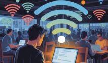 Ilustrasi futuristik tentang bahaya internet publik dan penggunaan VPN untuk melindungi keamanan data serta privasi online di jaringan digital modern.