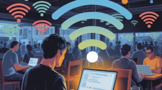 Ilustrasi futuristik tentang bahaya internet publik dan penggunaan VPN untuk melindungi keamanan data serta privasi online di jaringan digital modern.