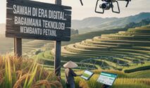 Petani menggunakan tablet di area persawahan sambil memantau lahan dengan bantuan drone sebagai bagian dari penerapan teknologi pertanian modern dan smart farming.