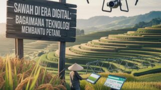Petani menggunakan tablet di area persawahan sambil memantau lahan dengan bantuan drone sebagai bagian dari penerapan teknologi pertanian modern dan smart farming.