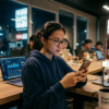 Seorang pengguna memeriksa foto di smartphone sambil bekerja di coworking space, menggambarkan proses penyimpanan dan pemulihan data digital.