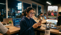 Seorang pengguna memeriksa foto di smartphone sambil bekerja di coworking space, menggambarkan proses penyimpanan dan pemulihan data digital.