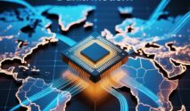 Ilustrasi chip semikonduktor pada papan sirkuit elektronik yang menjadi komponen penting dalam berbagai perangkat teknologi modern.