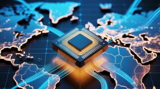 Ilustrasi chip semikonduktor pada papan sirkuit elektronik yang menjadi komponen penting dalam berbagai perangkat teknologi modern.