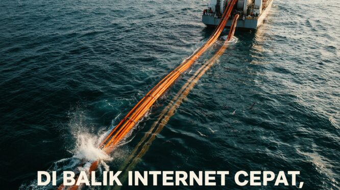 Kapal pemasang kabel bawah laut menggelar jaringan serat optik di lautan untuk mendukung konektivitas digital dan internet cepat global.