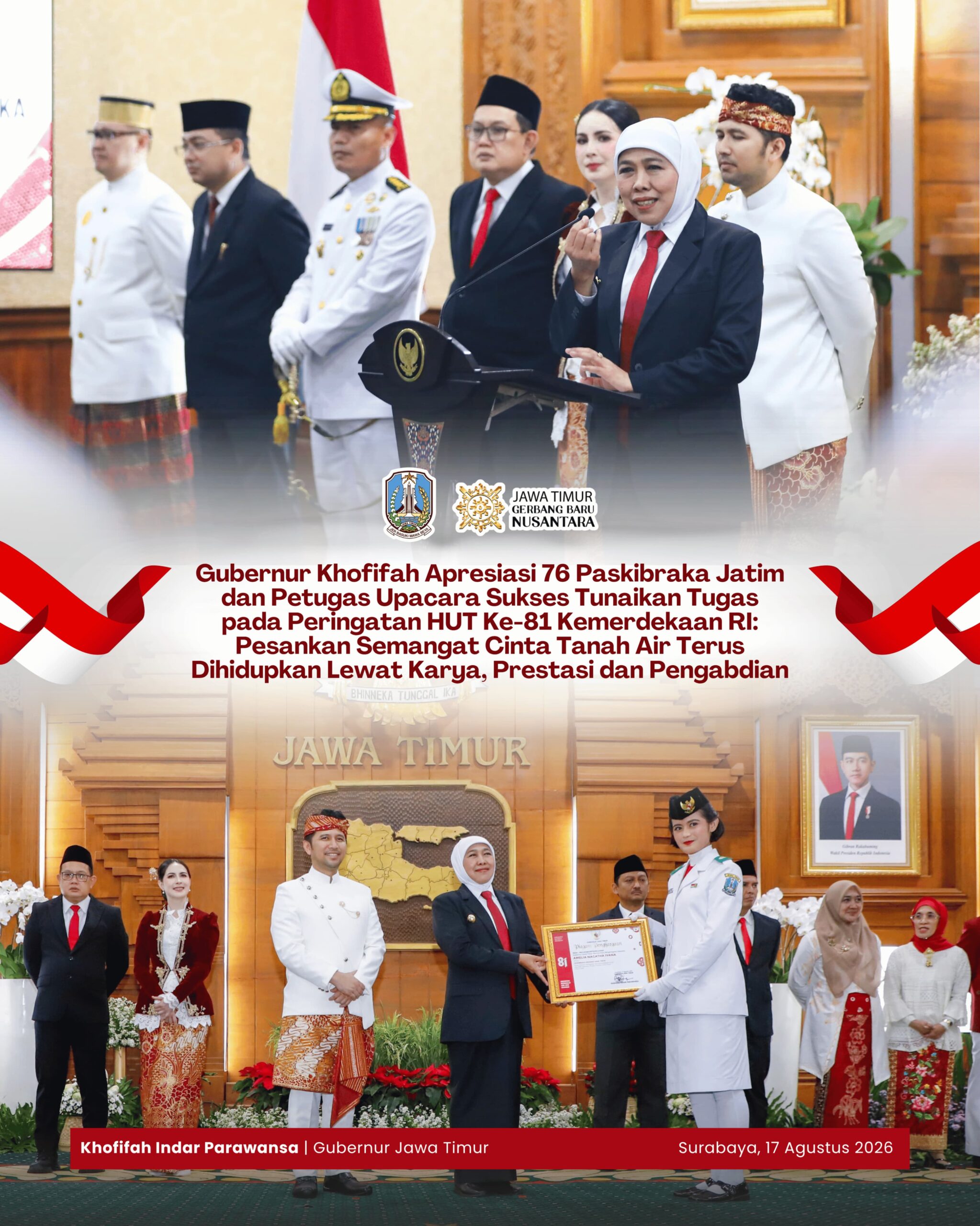 Gubernur Khofifah Apresiasi Paskibraka Jatim, Tekankan Cinta Tanah Air Harus Diwujudkan lewat Karya dan Pengabdian