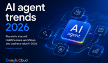 Lima tren AI agent 2026 Google Cloud dengan ikon peran, keamanan, dan alur kerja bisnis