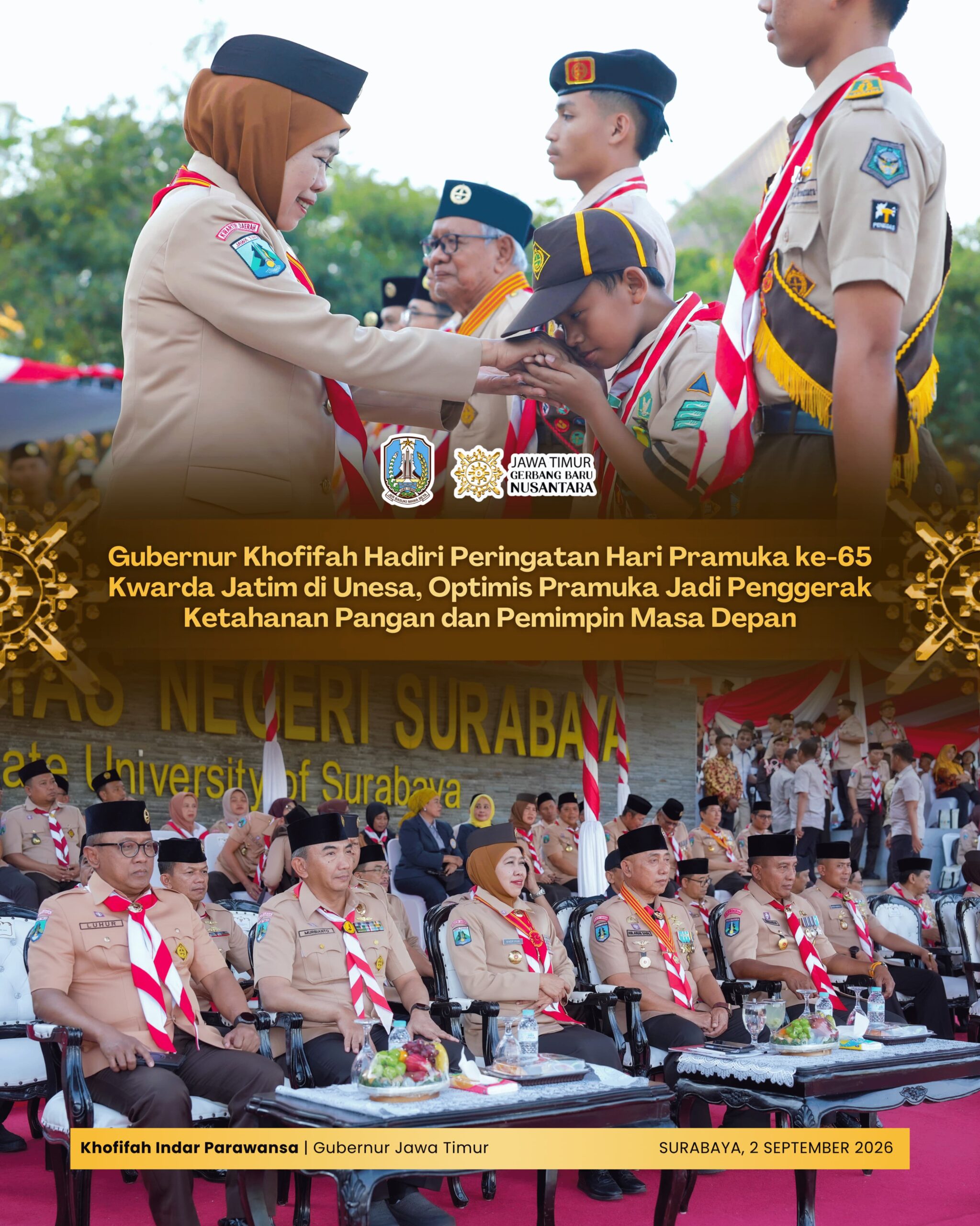 Khofifah Hadiri Apel Hari Pramuka ke-65 Kwarda Jatim, Dorong Pramuka Perkuat Ketahanan Pangan