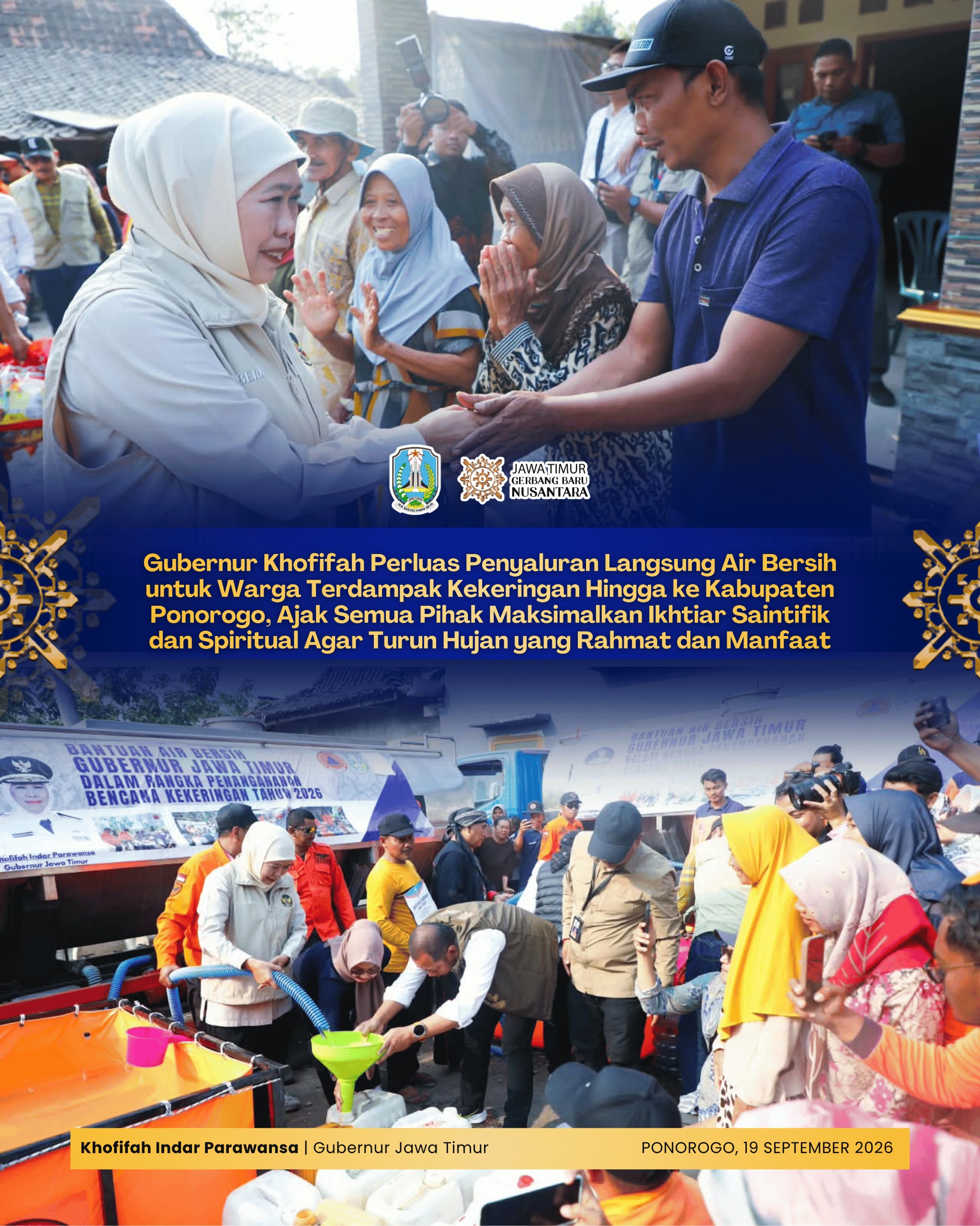 Atasi Kekeringan, Khofifah Perluas Distribusi Air Bersih hingga Kabupaten Ponorogo