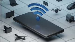 Ilustrasi smartphone dengan sinyal WiFi kuat dikelilingi perangkat IoT terhubung