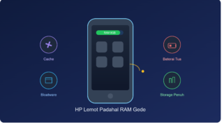 Ilustrasi penyebab HP lemot padahal RAM gede: cache, bloatware, baterai tua, storage penuh