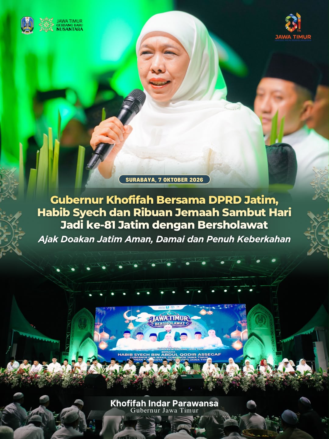 Sambut Hari Jadi ke-81 Jatim, Khofifah Ajak Ribuan Jemaah Bersholawat dan Doakan Kedamaian
