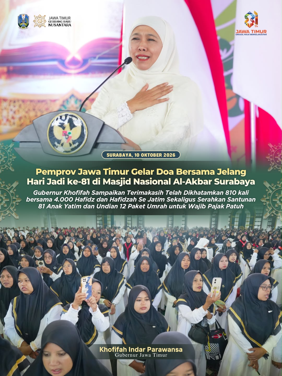 Sambut Hari Jadi ke-81 Jatim, 4.000 Hafidz dan Hafidzah Ikuti Doa Bersama dan Khataman Al-Qur’an