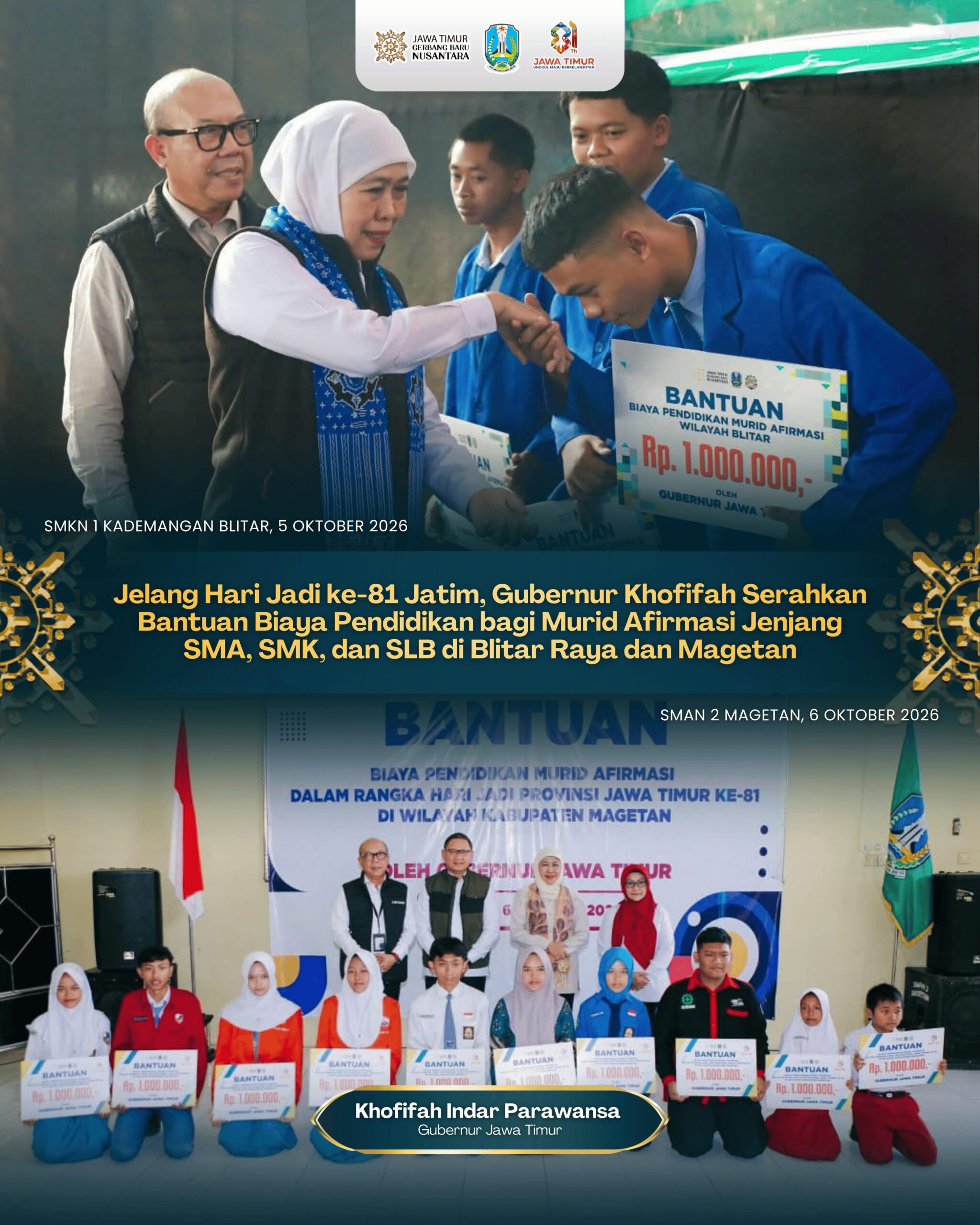 Khofifah Serahkan Bantuan Biaya Pendidikan bagi Murid SMA, SMK, dan SLB di Blitar Raya dan Magetan