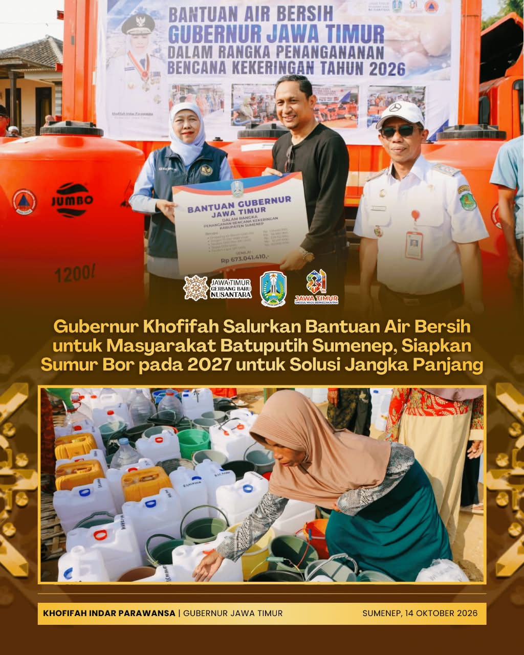 Khofifah Salurkan Bantuan Air Bersih di Sumenep, Siapkan Sumur Bor untuk Solusi Jangka Panjang