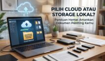 Ilustrasi perbandingan antara penyimpanan cloud dan storage lokal untuk amankan dokumen penting.