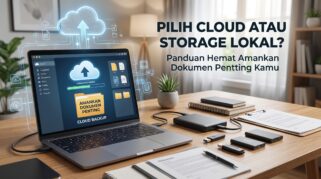 Ilustrasi perbandingan antara penyimpanan cloud dan storage lokal untuk amankan dokumen penting.