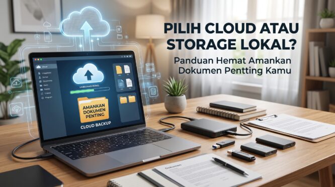 Ilustrasi perbandingan antara penyimpanan cloud dan storage lokal untuk amankan dokumen penting.